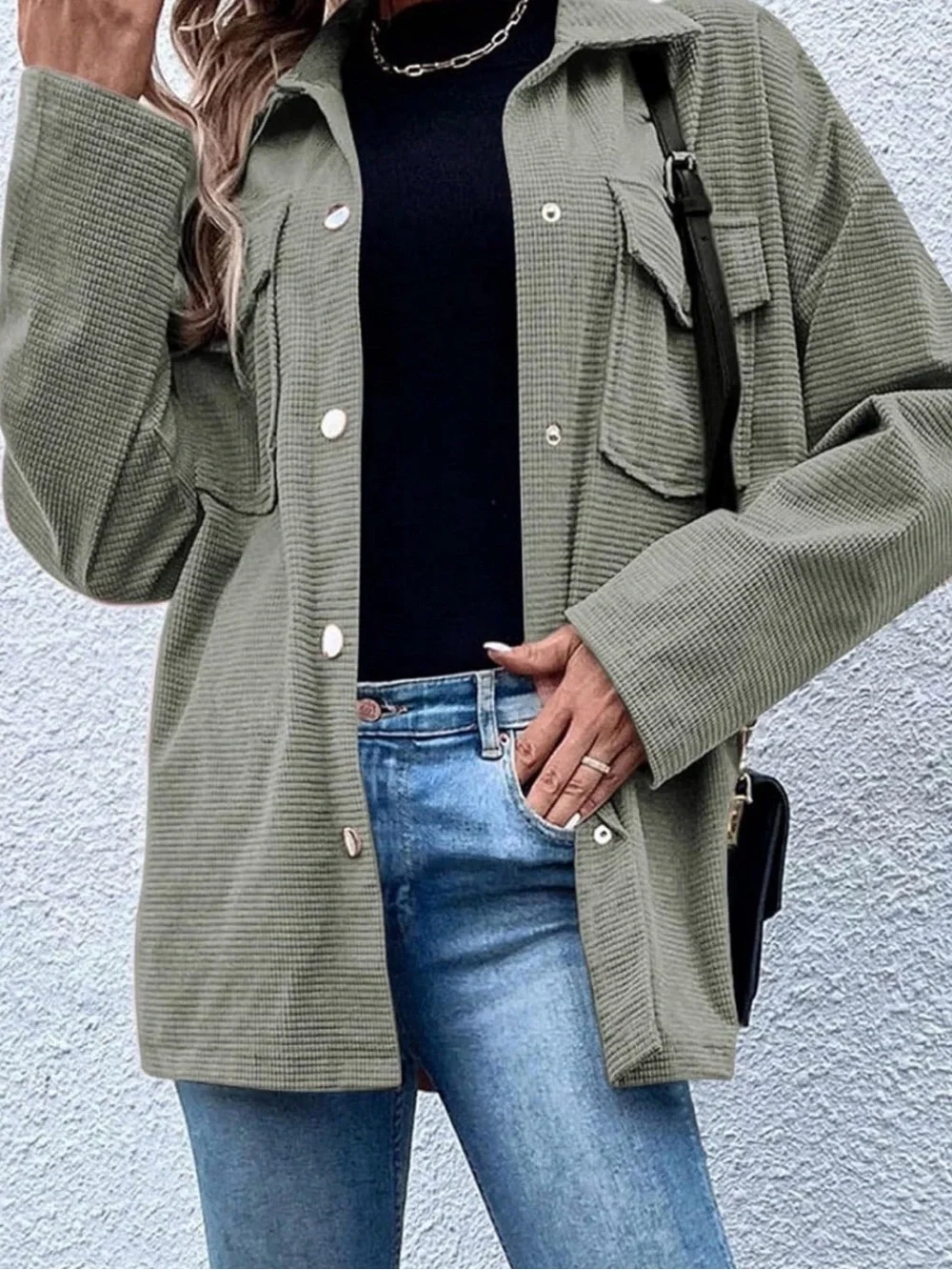 New Oversized Waffle Knit Shirt Jacket Women's XL Green Shacket Dolman Sleeves